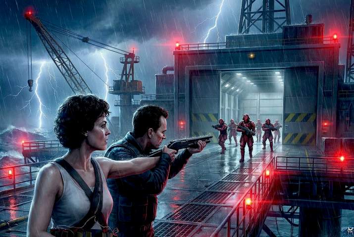 ripley and hicks confronting WY elite guards (neill blomkamp's unmade 'alien 5') (c)